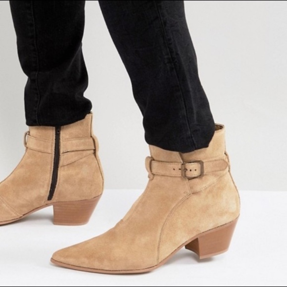 ASOS Chelsea Cuban Heel Western Boots Stone Suede